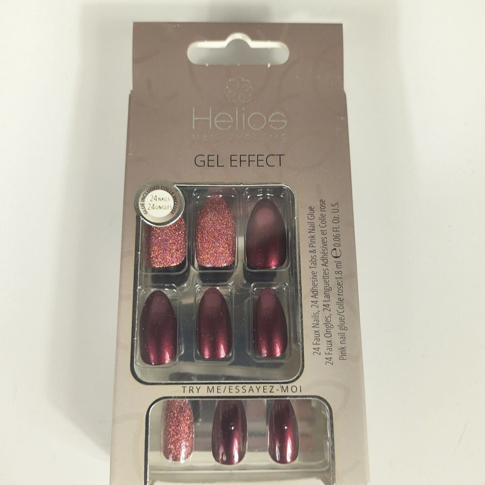Helios Gel Effect Press On Nails Burgundy Glitter Metallic 24 Nails w/ Glue New